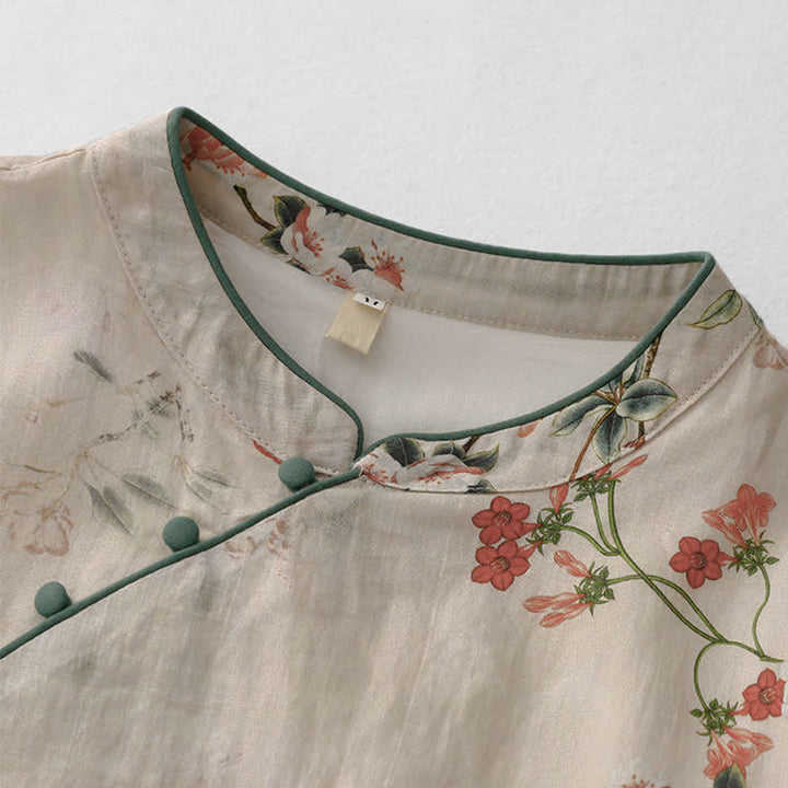 Buddha Stones Sommerkleid im Tang-Stil mit Stehkragen, kleinen roten Blumen und kurzen Ärmeln für Damen - image 3