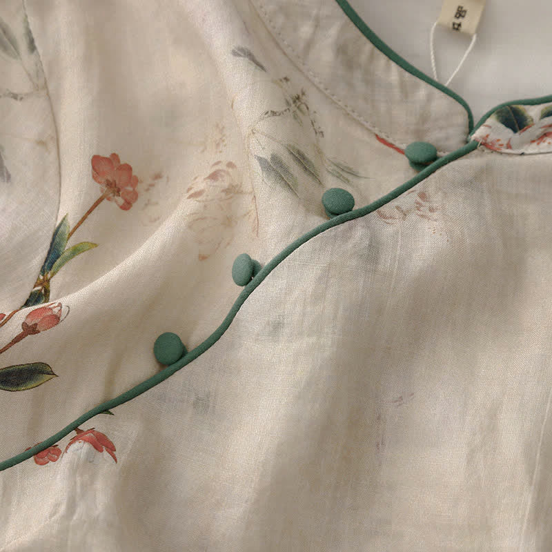 Buddha Stones Sommerkleid im Tang-Stil mit Stehkragen, kleinen roten Blumen und kurzen Ärmeln für Damen - image 4