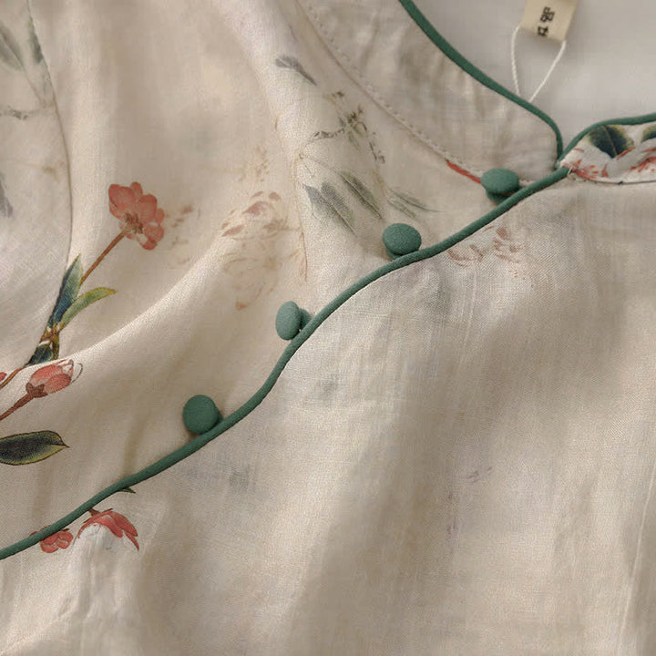 Buddha Stones Sommerkleid im Tang-Stil mit Stehkragen, kleinen roten Blumen und kurzen Ärmeln für Damen - image 4