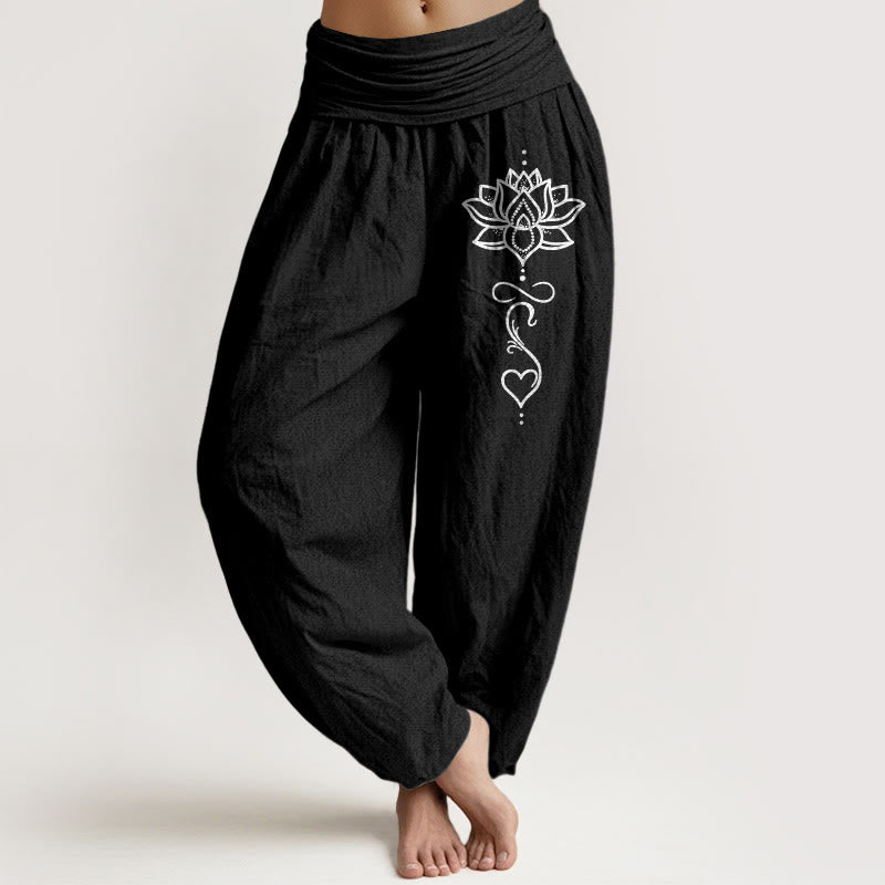 Buddha Stones Damen-Haremshose aus reiner Baumwolle mit Lotusherzmuster und elastischem Bund - Schwarz - US16, UK/AU20, EU48 (3XL) - image 0