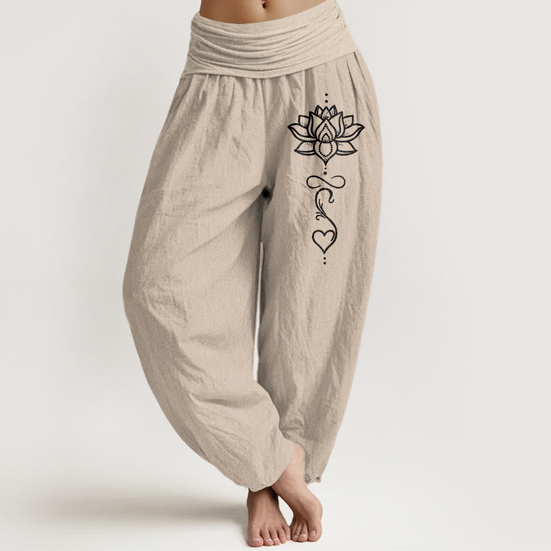 Buddha Stones Damen-Haremshose aus reiner Baumwolle mit Lotusherzmuster und elastischem Bund - Bräunen - US16, UK/AU20, EU48 (3XL) - image 11