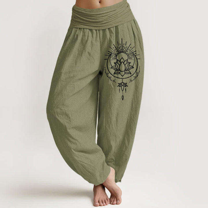 Buddha Stones Damen-Haremshose aus reiner Baumwolle mit Lotusmuster und elastischem Bund - Olivgrün - US16, UK/AU20, EU48 (3XL) - image 14