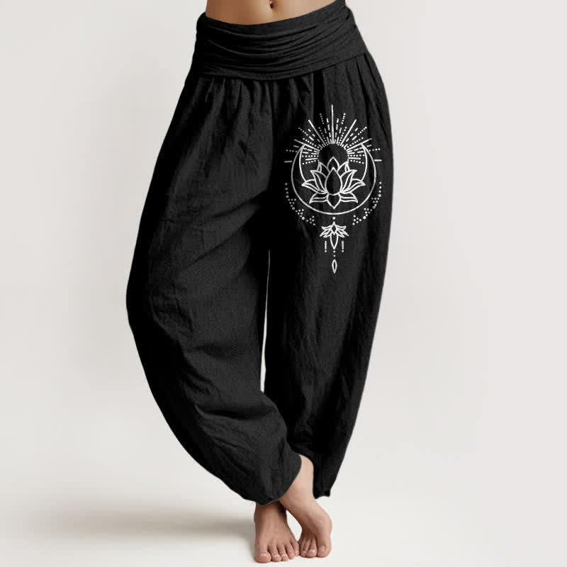 Buddha Stones Damen-Haremshose aus reiner Baumwolle mit Lotusmuster und elastischem Bund - Schwarz - US16, UK/AU20, EU48 (3XL) - image 5