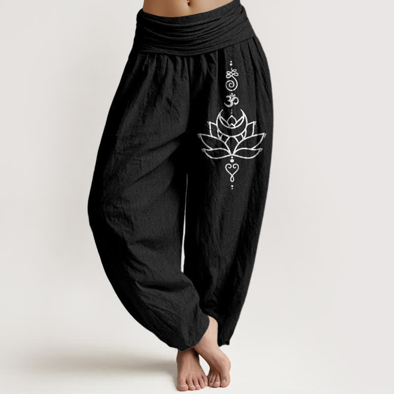 Buddha Stones Damen-Haremshose aus reiner Baumwolle mit Lotusblütenmuster und elastischem Bund - Schwarz - US16, UK/AU20, EU48 (3XL) - image 5