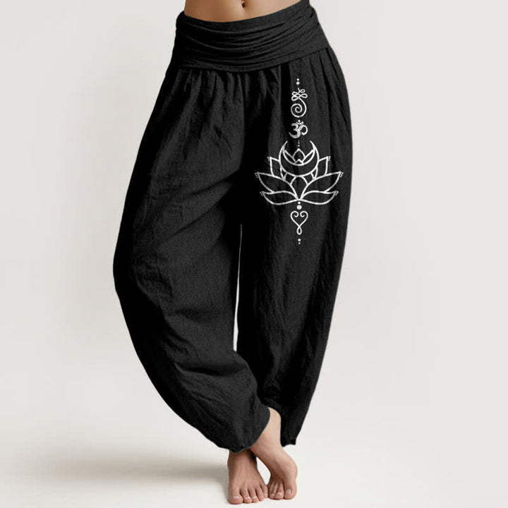 Buddha Stones Damen-Haremshose aus reiner Baumwolle mit Lotusblütenmuster und elastischem Bund - Schwarz - US16, UK/AU20, EU48 (3XL) - image 5