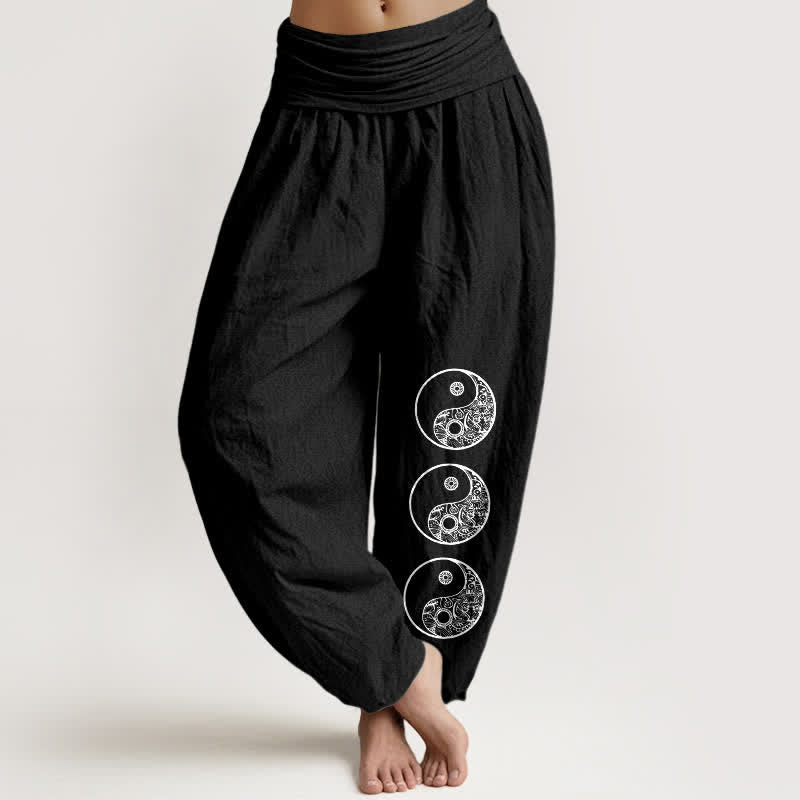 Buddha Stones Damen-Haremshose aus reiner Baumwolle mit Yin-Yang-Muster und elastischem Bund - Schwarz - US16, UK/AU20, EU48 (3XL) - image 0