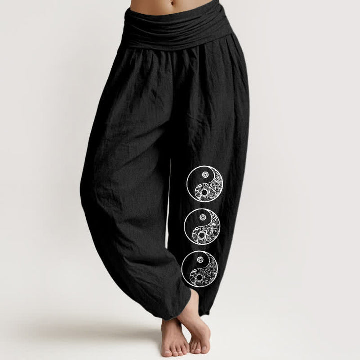 Buddha Stones Damen-Haremshose aus reiner Baumwolle mit Yin-Yang-Muster und elastischem Bund - Schwarz - US16, UK/AU20, EU48 (3XL) - image 0