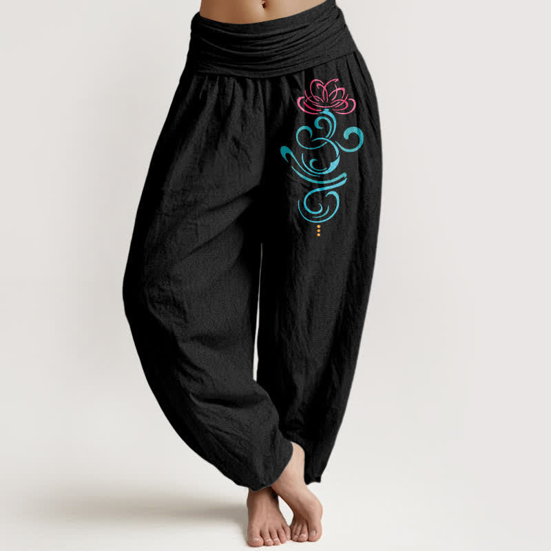 Buddha Stones Damen-Haremshose aus reiner Baumwolle mit tiefrosa Lotus-blauem Wirbelmuster und elastischem Bund - Schwarz - US16, UK/AU20, EU48 (3XL) - image 0