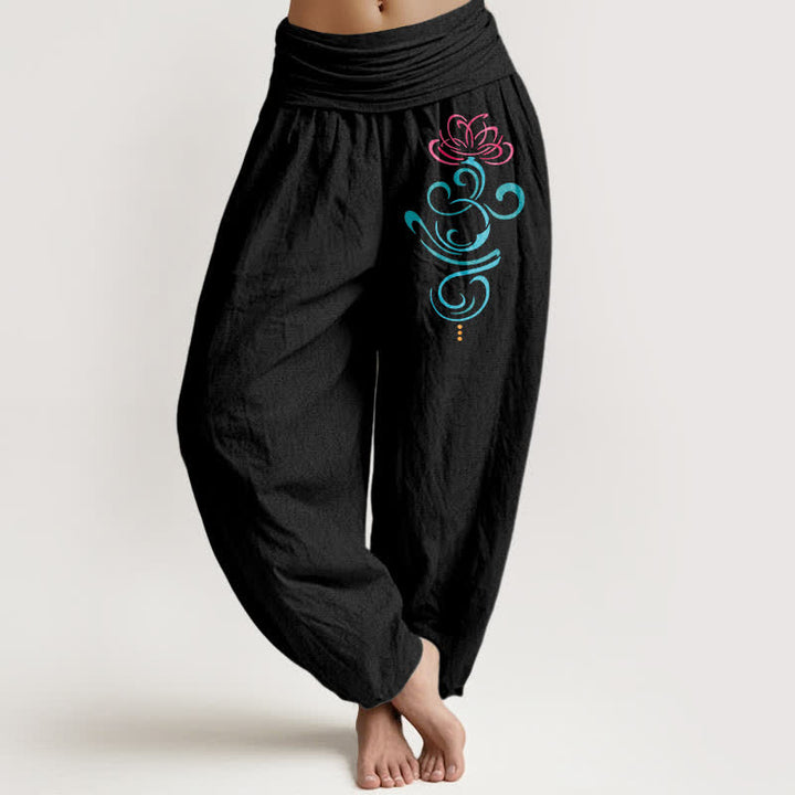 Buddha Stones Damen-Haremshose aus reiner Baumwolle mit tiefrosa Lotus-blauem Wirbelmuster und elastischem Bund - Schwarz - US16, UK/AU20, EU48 (3XL) - image 0