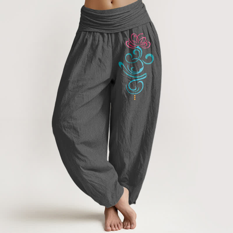 Buddha Stones Damen-Haremshose aus reiner Baumwolle mit tiefrosa Lotus-blauem Wirbelmuster und elastischem Bund - DimGray - US16, UK/AU20, EU48 (3XL) - image 8