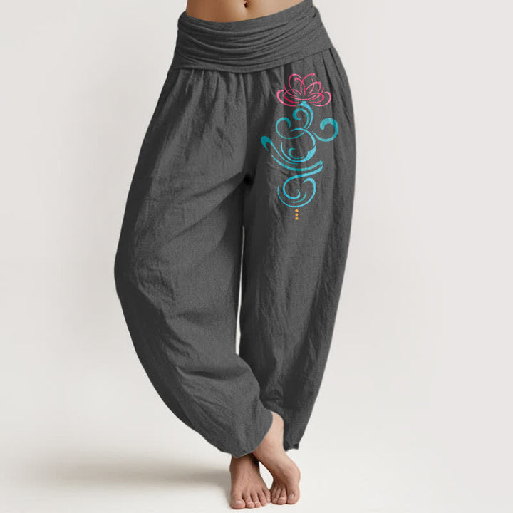 Buddha Stones Damen-Haremshose aus reiner Baumwolle mit tiefrosa Lotus-blauem Wirbelmuster und elastischem Bund - DimGray - US16, UK/AU20, EU48 (3XL) - image 8