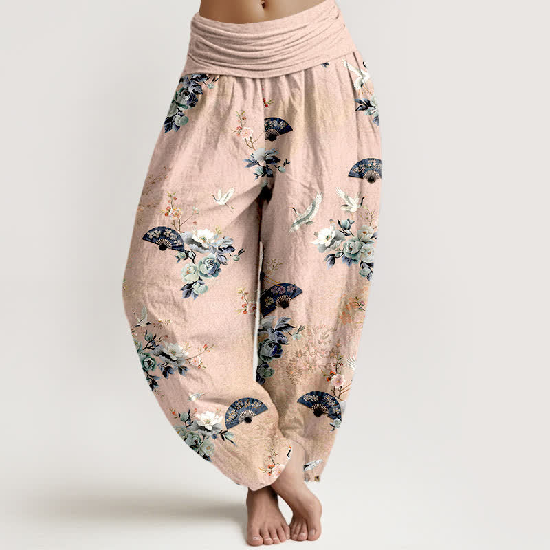 Buddha Stones Baumwoll-Haremshose mit Kranich- und Fächermuster, elastischem Bund und Fächerdesign für Damen. - MistyRose - US16, UK/AU20, EU48 (3XL) - image 0