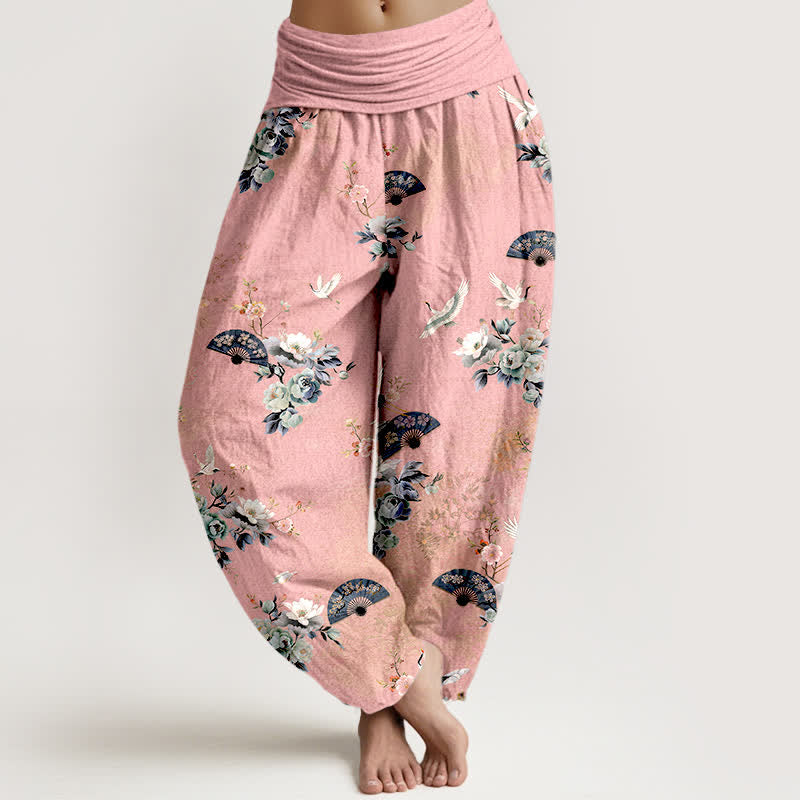 Buddha Stones Baumwoll-Haremshose mit Kranich- und Fächermuster, elastischem Bund und Fächerdesign für Damen. - Rosa - US16, UK/AU20, EU48 (3XL) - image 5