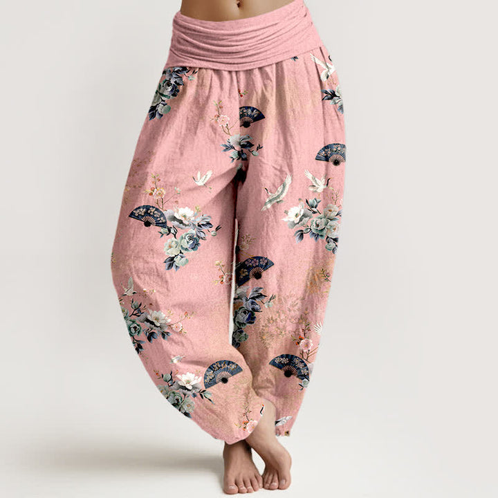 Buddha Stones Baumwoll-Haremshose mit Kranich- und Fächermuster, elastischem Bund und Fächerdesign für Damen. - Rosa - US16, UK/AU20, EU48 (3XL) - image 5