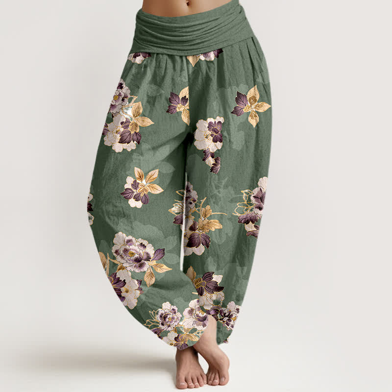 Buddha Stones Damen-Haremshose aus reiner Baumwolle mit Vintage-Blumenmuster und elastischem Bund - Olivgrün - US16, UK/AU20, EU48 (3XL) - image 0