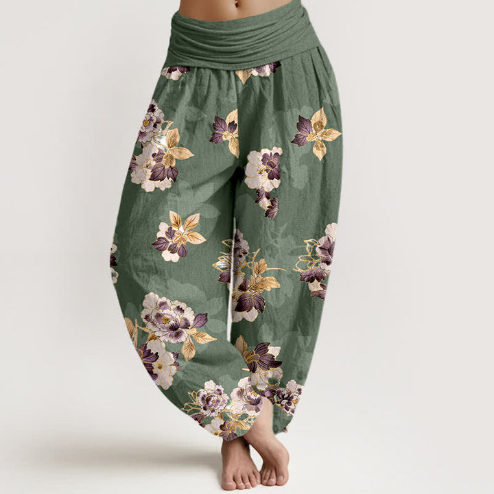 Buddha Stones Damen-Haremshose aus reiner Baumwolle mit Vintage-Blumenmuster und elastischem Bund - Olivgrün - US16, UK/AU20, EU48 (3XL) - image 0