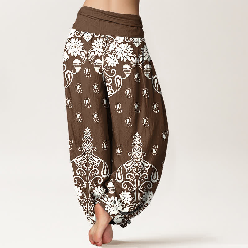 Buddha Stones Damen-Haremshose aus reiner Baumwolle mit weißem Paisley-Blumenmuster und elastischem Bund - image 1