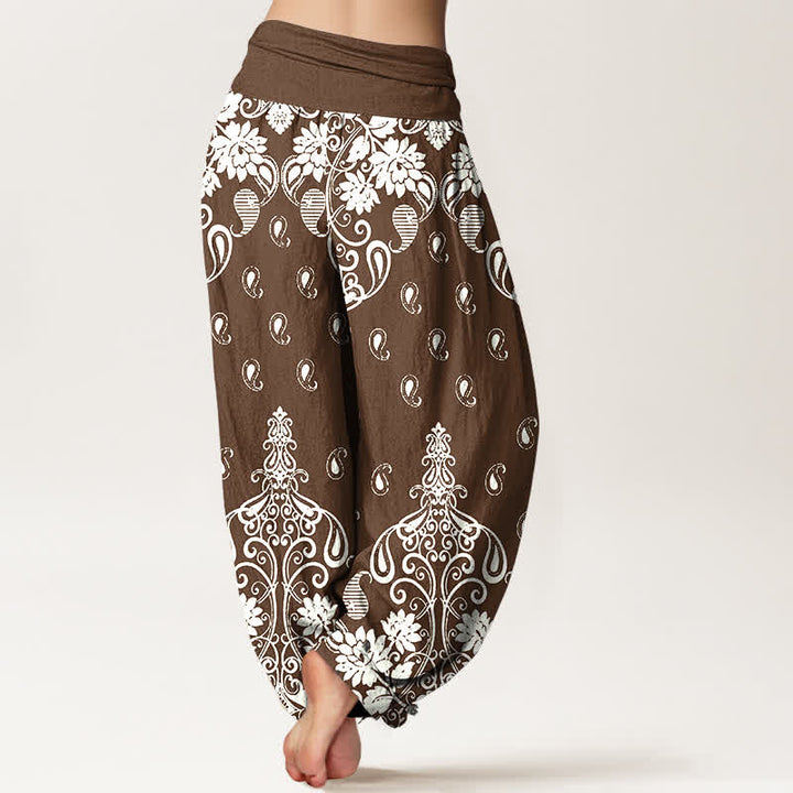 Buddha Stones Damen-Haremshose aus reiner Baumwolle mit weißem Paisley-Blumenmuster und elastischem Bund - image 1