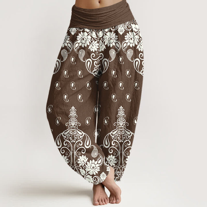 Buddha Stones Damen-Haremshose aus reiner Baumwolle mit weißem Paisley-Blumenmuster und elastischem Bund - Sattelbraun - US16, UK/AU20, EU48 (3XL) - image 0
