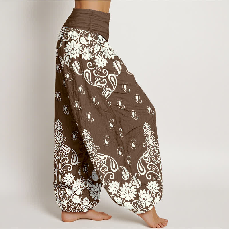 Buddha Stones Damen-Haremshose aus reiner Baumwolle mit weißem Paisley-Blumenmuster und elastischem Bund - image 2