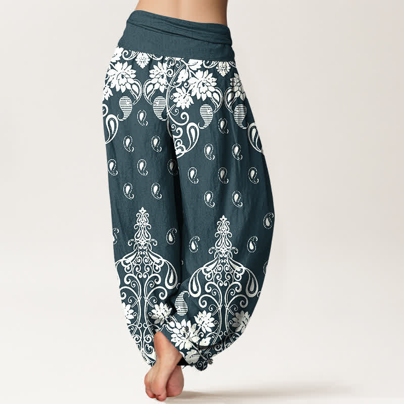 Buddha Stones Damen-Haremshose aus reiner Baumwolle mit weißem Paisley-Blumenmuster und elastischem Bund - image 6