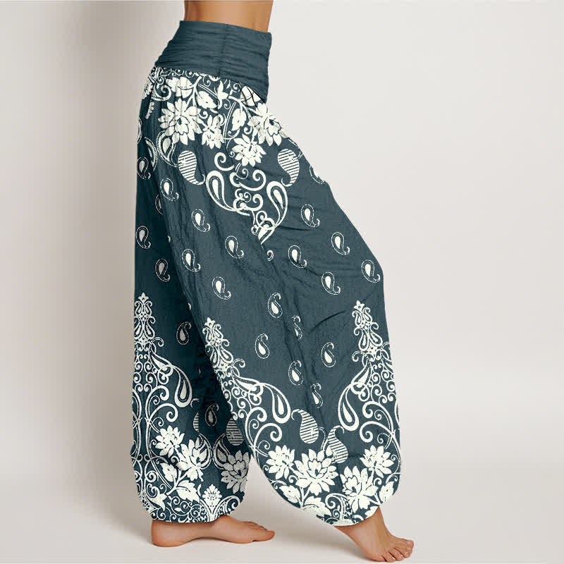 Buddha Stones Damen-Haremshose aus reiner Baumwolle mit weißem Paisley-Blumenmuster und elastischem Bund - image 7