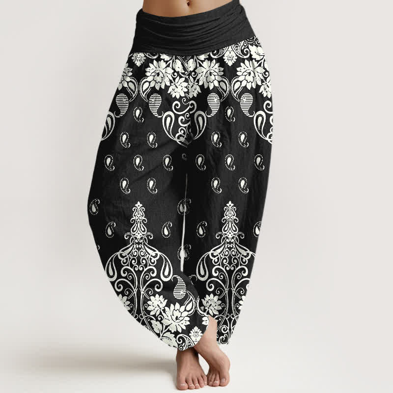 Buddha Stones Damen-Haremshose aus reiner Baumwolle mit weißem Paisley-Blumenmuster und elastischem Bund - Schwarz - US16, UK/AU20, EU48 (3XL) - image 8