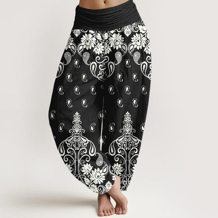 Buddha Stones Damen-Haremshose aus reiner Baumwolle mit weißem Paisley-Blumenmuster und elastischem Bund - Schwarz - US16, UK/AU20, EU48 (3XL) - image 8