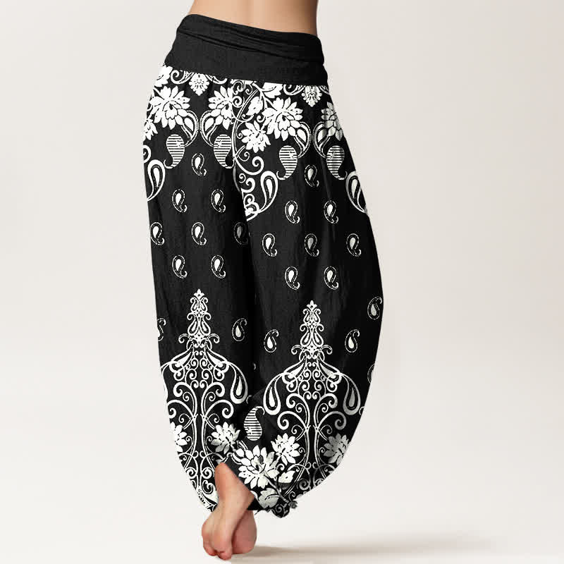 Buddha Stones Damen-Haremshose aus reiner Baumwolle mit weißem Paisley-Blumenmuster und elastischem Bund - image 9