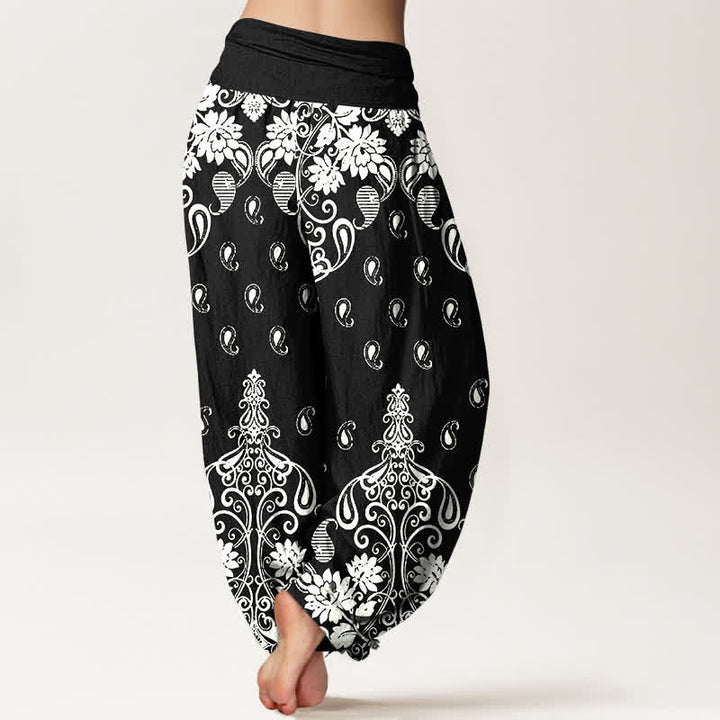 Buddha Stones Damen-Haremshose aus reiner Baumwolle mit weißem Paisley-Blumenmuster und elastischem Bund - image 9