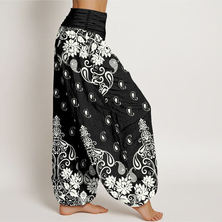 Buddha Stones Damen-Haremshose aus reiner Baumwolle mit weißem Paisley-Blumenmuster und elastischem Bund - image 10