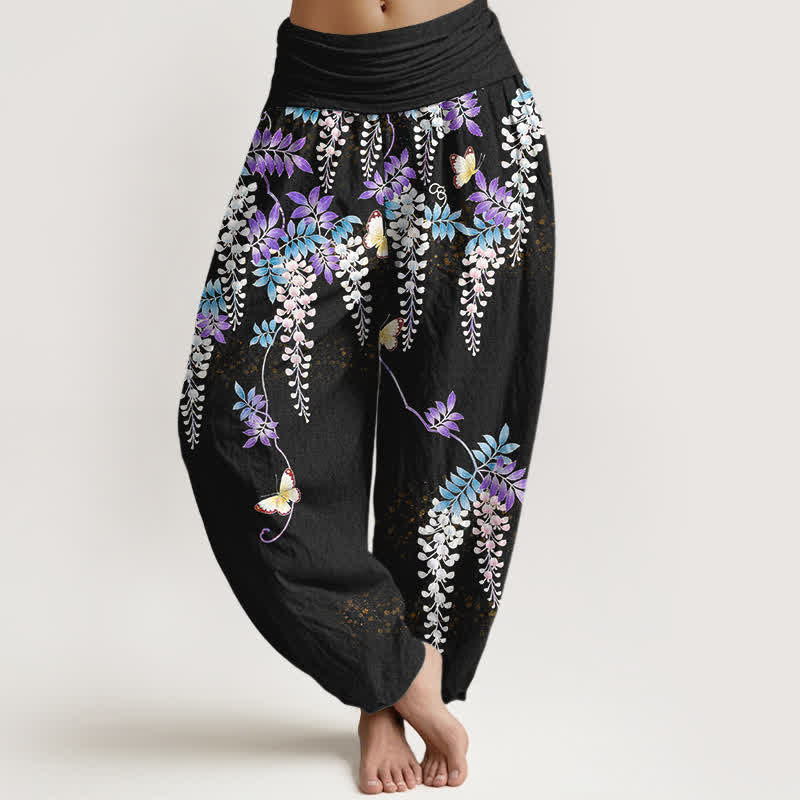 Buddha Stones Damen-Haremshose aus reiner Baumwolle mit Glyzinien-Schmetterlingsmuster und elastischem Bund - Schwarz - US16, UK/AU20, EU48 (3XL) - image 0