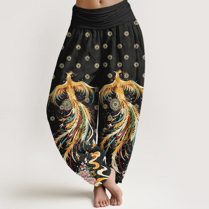 Buddha Stones Baumwoll-Haremshose mit goldenem Phönixmuster und elastischem Bund für Damen - Schwarz - US16, UK/AU20, EU48 (3XL) - image 0