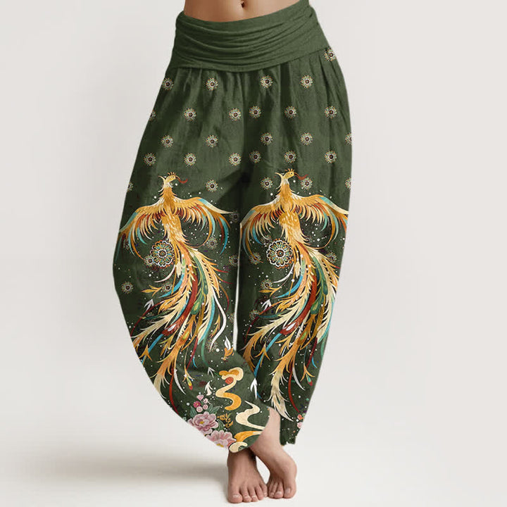 Buddha Stones Baumwoll-Haremshose mit goldenem Phönixmuster und elastischem Bund für Damen - Olivgrün - US16, UK/AU20, EU48 (3XL) - image 8