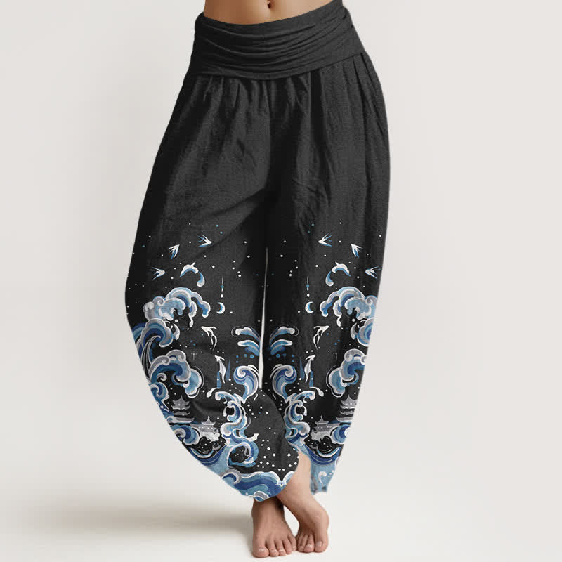 Buddha Stones Baumwoll-Haremshose mit ozeanblauem Wellenmuster und elastischem Bund für Damen - Schwarz - US16, UK/AU20, EU48 (3XL) - image 0