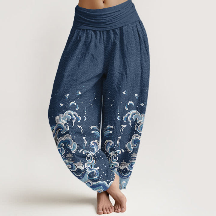 Buddha Stones Baumwoll-Haremshose mit ozeanblauem Wellenmuster und elastischem Bund für Damen - SteelBlue - US16, UK/AU20, EU48 (3XL) - image 8