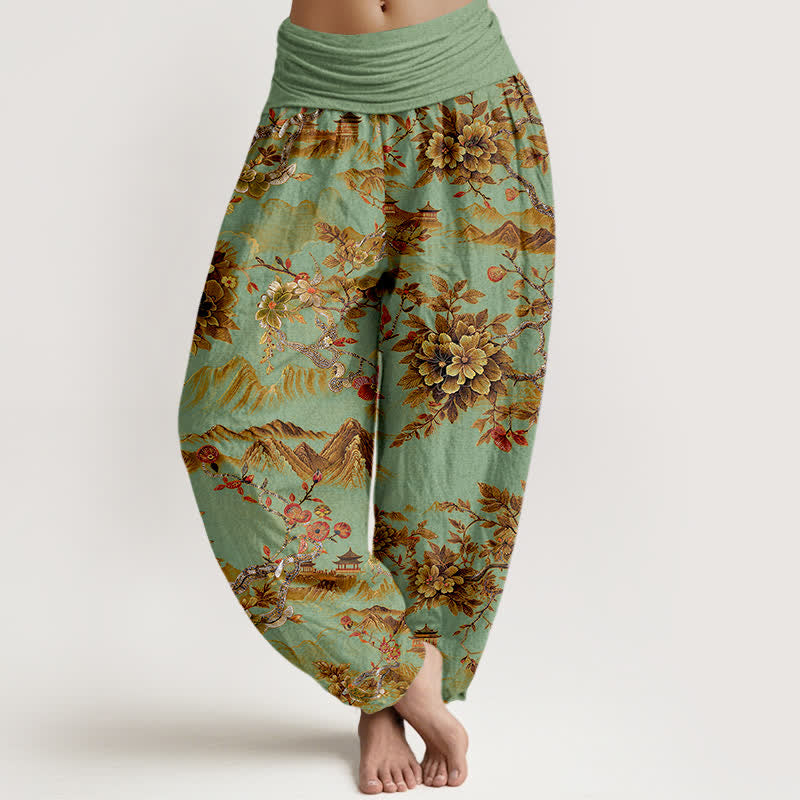 Buddha Stones Baumwoll-Haremshose im Vintage-Stil mit dunkelgoldenem Blumenmuster und elastischem Bund für Damen. - Hellgrün - US16, UK/AU20, EU48 (3XL) - image 0