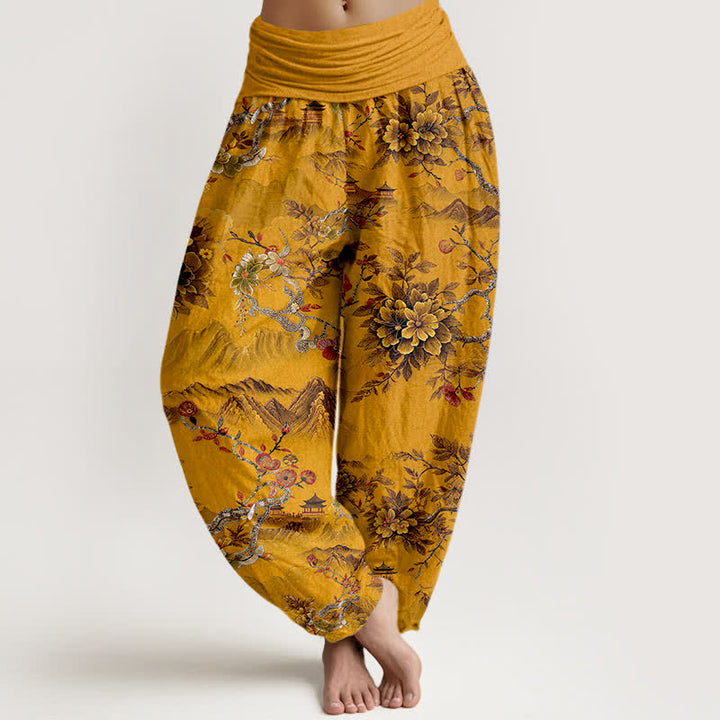 Buddha Stones Baumwoll-Haremshose im Vintage-Stil mit dunkelgoldenem Blumenmuster und elastischem Bund für Damen. - Goldrute - US16, UK/AU20, EU48 (3XL) - image 5
