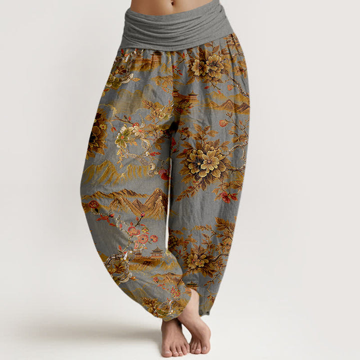 Buddha Stones Baumwoll-Haremshose im Vintage-Stil mit dunkelgoldenem Blumenmuster und elastischem Bund für Damen. - Grau - US16, UK/AU20, EU48 (3XL) - image 8