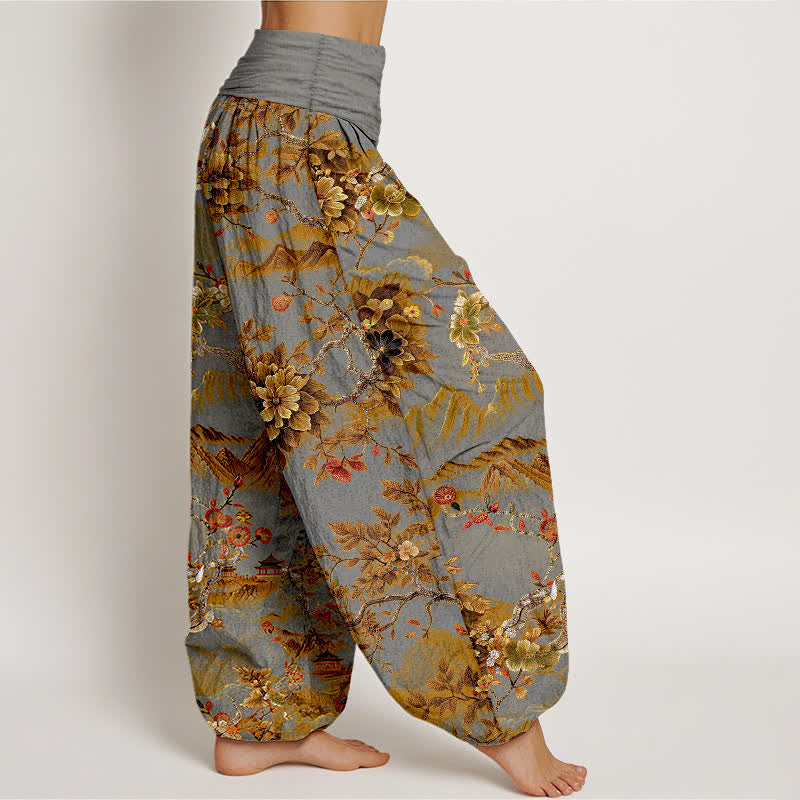 Buddha Stones Baumwoll-Haremshose im Vintage-Stil mit dunkelgoldenem Blumenmuster und elastischem Bund für Damen. - image 10