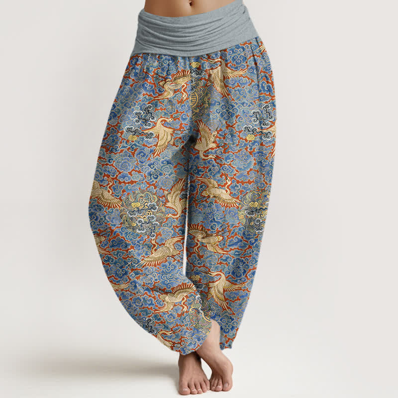 Buddha Stones Baumwoll-Haremshose mit Kranich- und Wolkenmuster, elastischem Bund und Blumenmuster für Damen. - Himmelblau - US16, UK/AU20, EU48 (3XL) - image 0