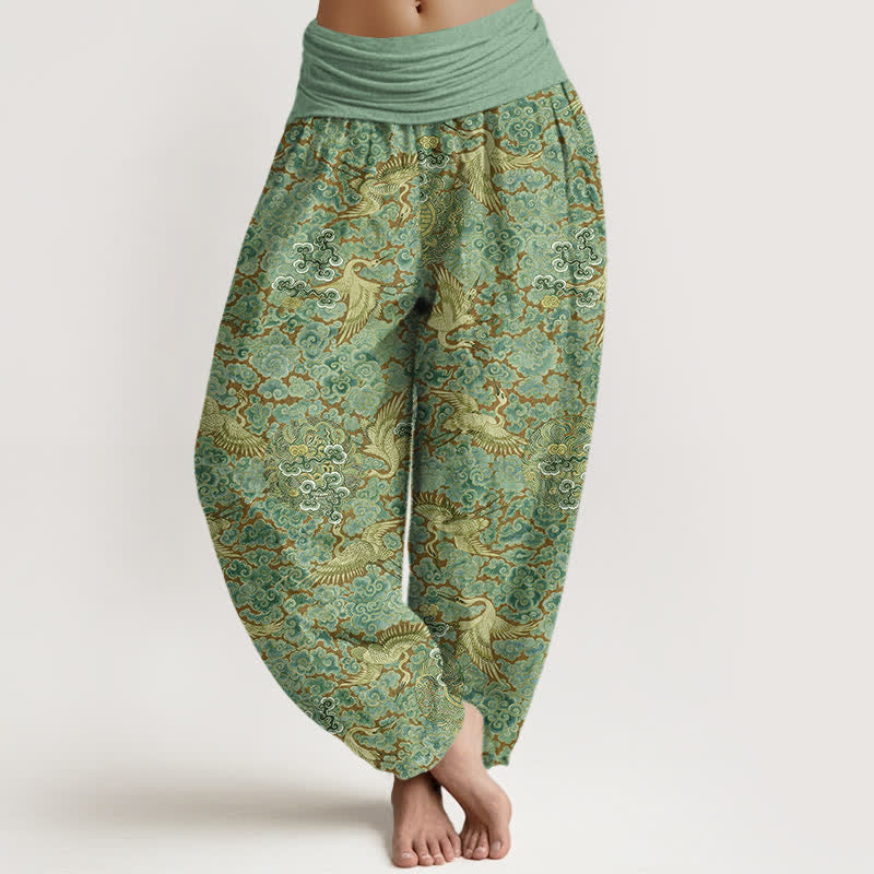 Buddha Stones Baumwoll-Haremshose mit Kranich- und Wolkenmuster, elastischem Bund und Blumenmuster für Damen. - Hellgrün - US16, UK/AU20, EU48 (3XL) - image 8
