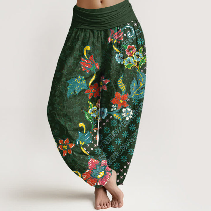 Buddha Stones Damen-Haremshose aus reiner Baumwolle mit buntem, böhmischem Blumenmuster und elastischem Bund - Waldgrün - US16, UK/AU20, EU48 (3XL) - image 0