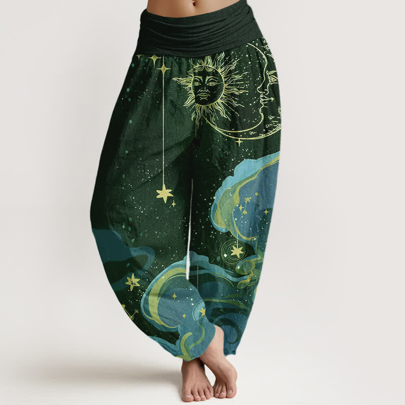 Buddha Stones Baumwoll-Haremshose mit himmlischem Sonnen-, Mond- und Sternenmuster, elastischem Bund, für Damen - Dunkelgrün - US16, UK/AU20, EU48 (3XL) - image 8