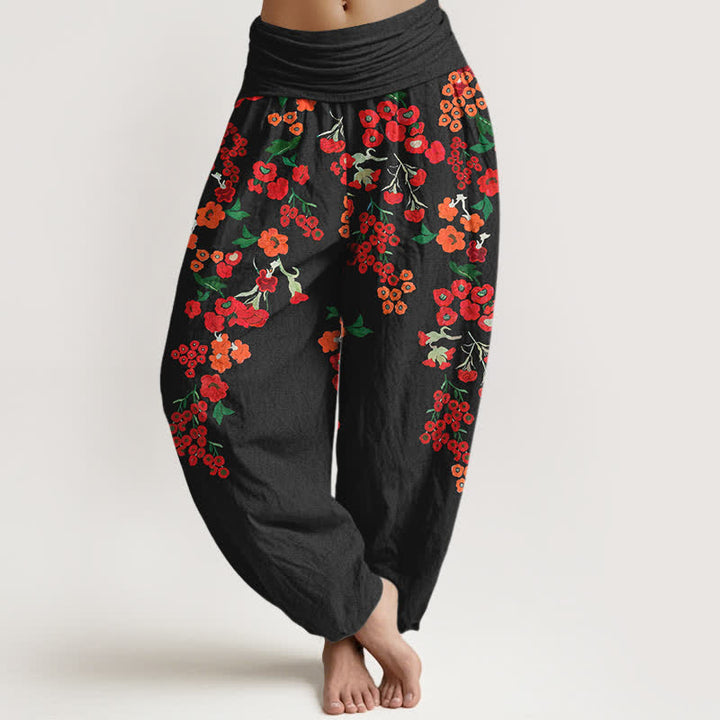 Buddha Stones Baumwoll-Haremshose mit rotem, geblümtem Boho-Muster und elastischem Bund für Damen - Schwarz - US16, UK/AU20, EU48 (3XL) - image 0