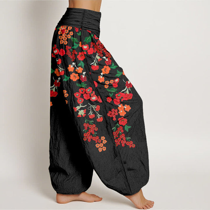 Buddha Stones Baumwoll-Haremshose mit rotem, geblümtem Boho-Muster und elastischem Bund für Damen - image 2