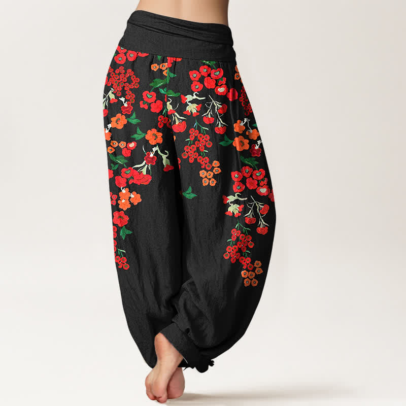 Buddha Stones Baumwoll-Haremshose mit rotem, geblümtem Boho-Muster und elastischem Bund für Damen - image 1