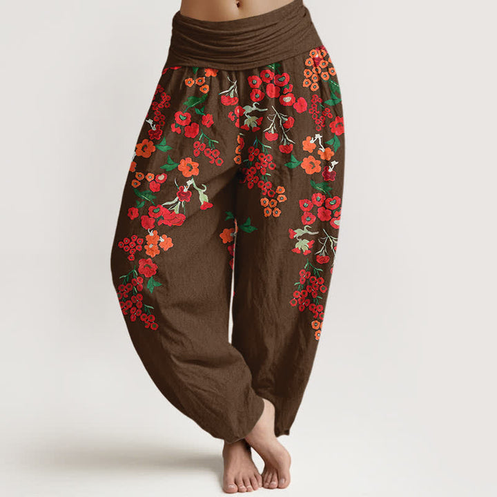 Buddha Stones Baumwoll-Haremshose mit rotem, geblümtem Boho-Muster und elastischem Bund für Damen - Sattelbraun - US16, UK/AU20, EU48 (3XL) - image 5