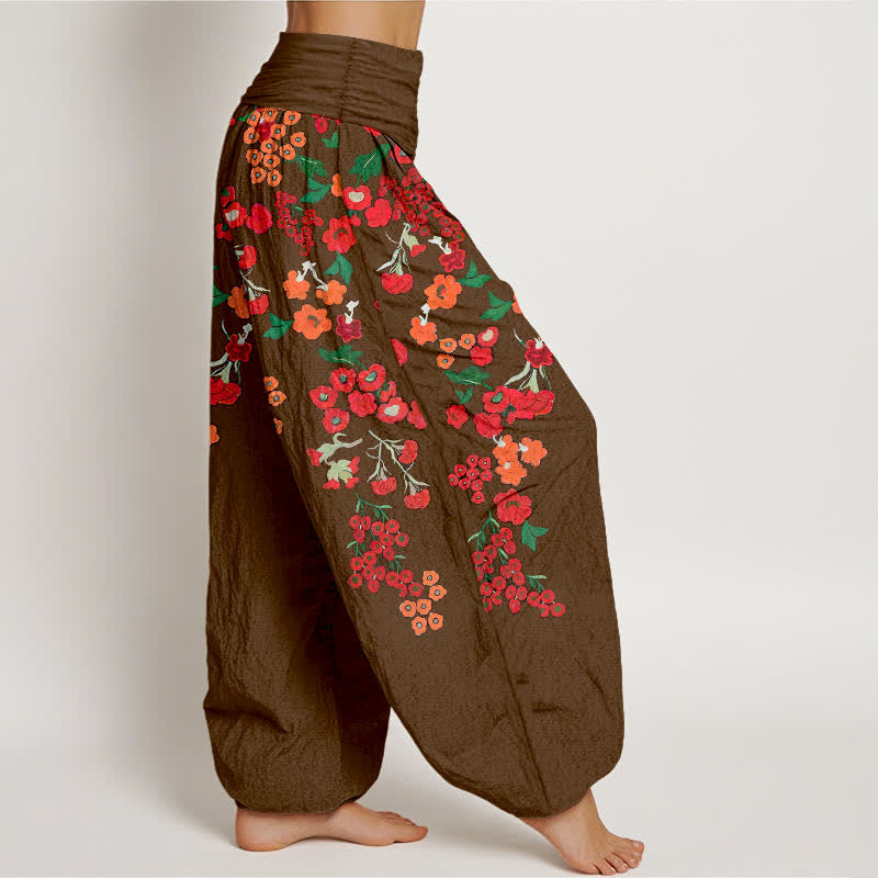 Buddha Stones Baumwoll-Haremshose mit rotem, geblümtem Boho-Muster und elastischem Bund für Damen - image 7