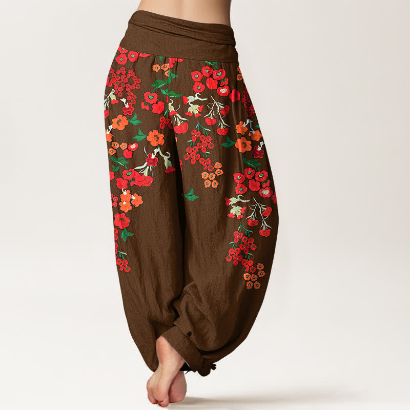Buddha Stones Baumwoll-Haremshose mit rotem, geblümtem Boho-Muster und elastischem Bund für Damen - image 6
